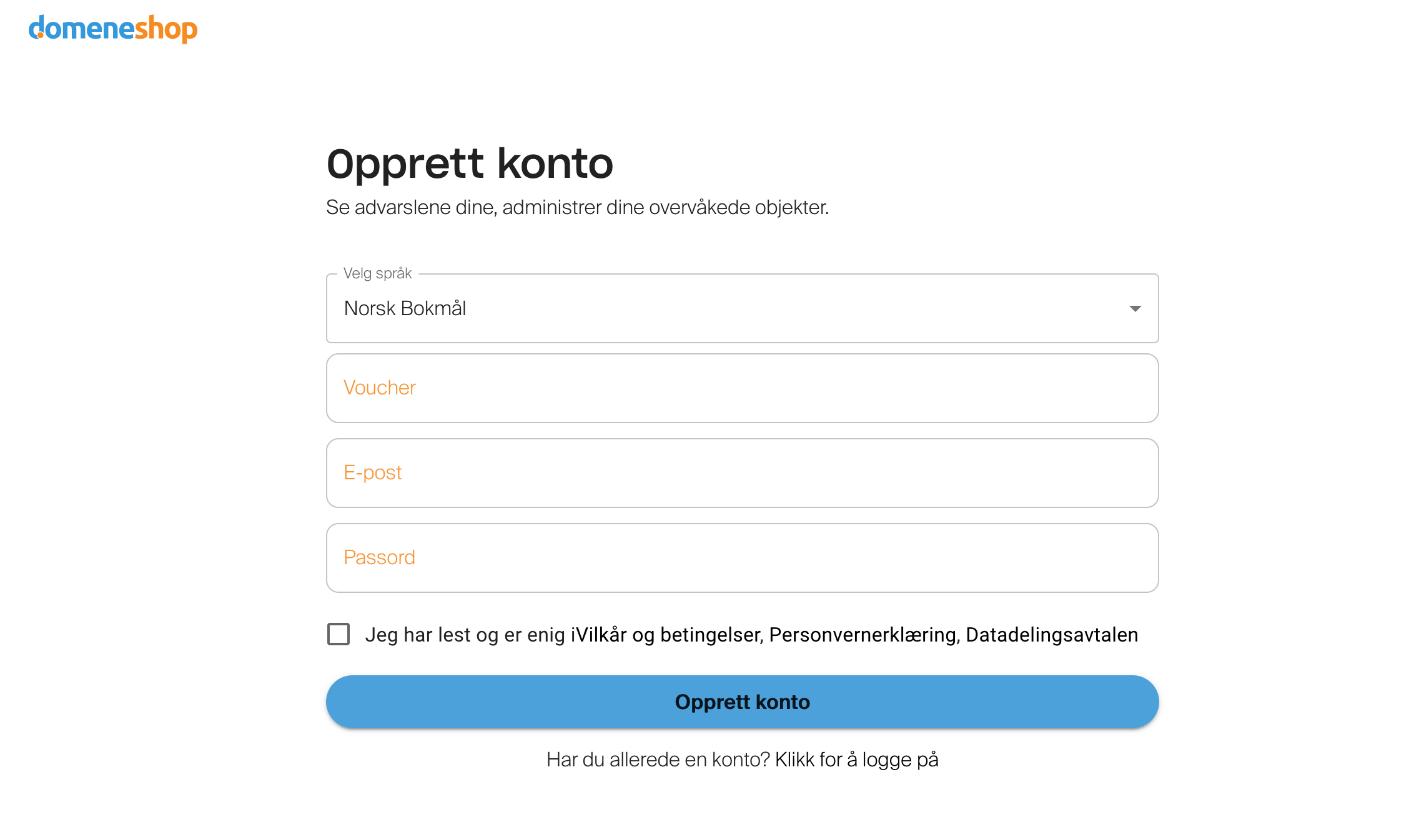 Aktiveringsskjema for Domeneshop Safe ID-beskyttelse